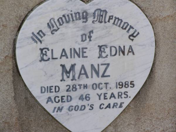 Elaine Edna MANZ,  | died 28 Oct 1985 aged 46 years;  | Helidon General cemetery, Gatton Shire  | 