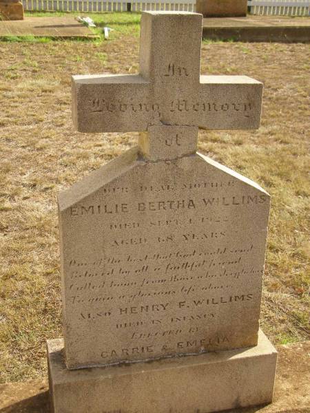Emilie Bertha WILLIMS,  | mother,  | died 1 Sept 1922? aged 68 years;  | Henry F. WILLIMS,  | died in infancy;  | erected by Carrie & Emelia;  | Highfields Baptist cemetery, Crows Nest Shire  | 