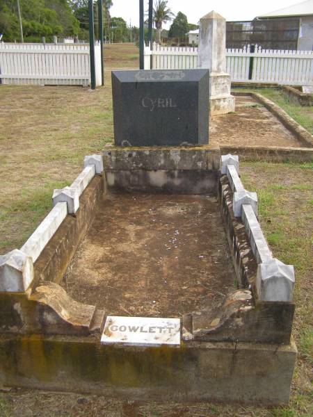 Cyril GOWLETT;  | Highfields Baptist cemetery, Crows Nest Shire  | From QLD Births, Deaths, Marriages  | Death 1929  C4840         Cyril Douglas        Gowlett;      William Alfred Gowlett;           Davidina Ward  | The Gowlett name is common in the Crow222s Nest area.  |   | 