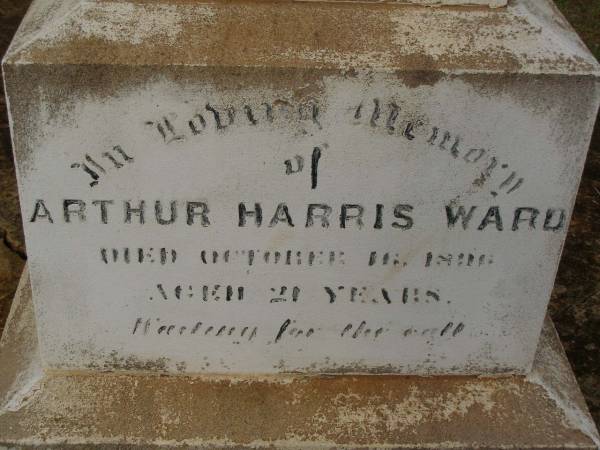 Charlotte Mary HULL,  | died 3 Aug 1907 aged 27 years;  | Charlotte Williams,  | died 9 July 1911 aged 67? years;  | Arthur Harris WARD,  | died 16 Oct 1896 aged 21 years;  | David WARD,  | died 17 Aug 1882 aged 43 years;  | Highfields Baptist cemetery, Crows Nest Shire  |   | 