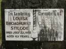 
Louisa Broadhurst STILGOE,
died 22 July 1955 aged 63 years;
John Charles STILGOE,
died 24 Nov 1970 aged 82 years;
Howard cemetery, City of Hervey Bay
