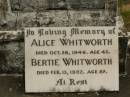 
Alice WHITWORTH,
died 26 Oct 1946 aged 42 years;
Bertie WHITWORTH,
died 13 Feb 1952 aged 52 years;
Howard cemetery, City of Hervey Bay
