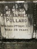 
Agnes Gray Jamieson POLLARD,
died 2 Sept 1941 aged 58 years;
Captain John Henry POLLARD,
died 24 Dec 1942 aged 61 years;
Howard cemetery, City of Hervey Bay
