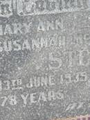 
Mary Ann Susannah McAlpine STELEY,
died 13 June 1939 aged 78 years;
John Bevan STELEY,
died 8 June 1940 aged 87 years;
Howard cemetery, City of Hervey Bay
