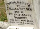 
Charles Neilsen,
son of Peter & Agnes SCHMIDT,
died 30 July 1924 aged 1 year 3 months;
Howard cemetery, City of Hervey Bay
