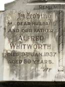 
Alfred WHITWORTH,
husband father,
died 9 Jan 1937 aged 80 years;
Flora Amelia WHITWORTH,
wife mother,
died 16 June 1939 aged 69 years;
Howard cemetery, City of Hervey Bay
