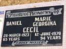 
Daniel CECIL,
died 20 March 1923 aged 65 years;
Marie Georgina CECIL,
died 12 June 1970 aged 94 years;
Howard cemetery, City of Hervey Bay
