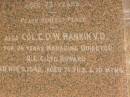 
William RANKIN,
father,
managing director Queensland Collieries Howard,
born Tollcross Scotland 23 April 1836,
died Corina Queensland 15 Oct 1917 aged 81 years;
Isabel H. ROSS,
youngest daughter,
died Brisbane 5 Aug 1938 aged 60 years;
William C.F. RANKIN,
youngest son of William & Jane RANKIN,
general manager Queensland Collieres Howard,
born Calston Ayrshire Scotland 22 Aug 1880,
died Howard Queensland 11 May 1919;
John A. RANKIN,
eldest son,
died Hpward 6 April 1930 aged 71 years;
Marion Anderson,
daughter,
died 6 July 1907 aged 45 years;
Mary E.A. ALLEN,
daughter,
died 22 March 1947 aged 73 years;
Robert Stuart RANKIN,
AIF 1914 - 1919,
general manager Queensland Collieries 1941 - 1946.
born Calson Scotland,
died Toolburra 9 Nov 1950 aged 75 years;
Jane Anderson,
wife of William RANKIN,
died 24 Jan 1912 aged 73 years;
Col. C.D.W. RANKIN V.D.,
20 years managing director Q.C.C. Howard,
died 2 No 1940 aged 71 years 10 months;
Howard cemetery, City of Hervey Bay
