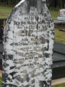 
Berthe Marie WATSON,
mother of James WATSON,
died 27 Feb 1919 aged 73 years;
John WATSON,
father of James WATSON,
died 20 Nov 1908 aged 64 years;
Howard cemetery, City of Hervey Bay
