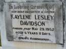 
Kaylene Lesley DAVIDSON,
daughter sister,
died 29 May 1952 aged 6 years 11 days;
Howard cemetery, City of Hervey Bay
