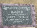 
Harold,
husband of Queta STELEY,
died 2 June 1961 aged 52 years;
Howard cemetery, City of Hervey Bay
