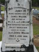 
Jessie,
wife of William J. WILSON,
died 5 Dec 1920 aged 24 years;
Janet,
wife of James WILSON,
mother of W.J., E.A. & C.J. WILSON,
died 25 March 1926 aged 52 years;
James WILSON,
died 9 June 1928 aged 57 years;
Howard cemetery, City of Hervey Bay
