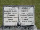 
Charles Almer FARMER,
died 5 July 1944 aged 40 years;
Charled Edward FARMER,
died 7 April 1949 aged 68 years;
Mary FARMER,
died 21 Sept 1964 aged 83 years;
Howard cemetery, City of Hervey Bay
