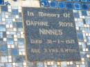 
Daphne Rose NINNES,
died 31-1-1921 aged 3 years 6 months;
Howard cemetery, City of Hervey Bay
