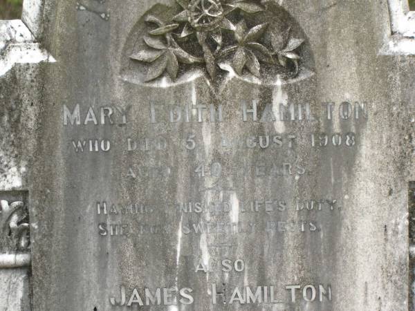 Mary Edith HAMILTON,  | died 5 Aug 1908 aged 40 years;  | James HAMILTON,  | died 19 Aug 1912 aged 54 years;  | H. Smith HAMILTON,  | died 27 JUne 1898 aged 7 weeks;  | Howard cemetery, City of Hervey Bay  | 