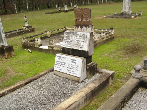 Marjorie,  | daughter of John & Sarah KEENE,  | died 11 Jan 1919 aged 3 years;  | John KEENE,  | died 5 July 1944 aged 59 years;  | Sarah Jane KEENE,  | died 23 April 1968 aged 87 years;  | Howard cemetery, City of Hervey Bay  | 