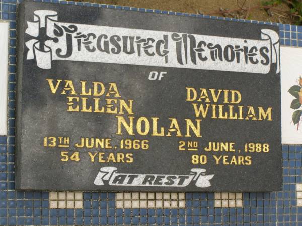 Valda Ellen NOLAN,  | died 13 June 1966 aged 54 years;  | David William NOLAN,  | died 2 June 1988 aged 80 years;  | Howard cemetery, City of Hervey Bay  | 