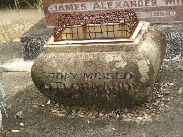 Lily Amelia MILLS,  | died 1 March 1966 aged 77 years;  | James Alexander MILLS,  | ashes,  | died 6 June 1966;  | missed by Flora & Andy;  | Howard cemetery, City of Hervey Bay  | 