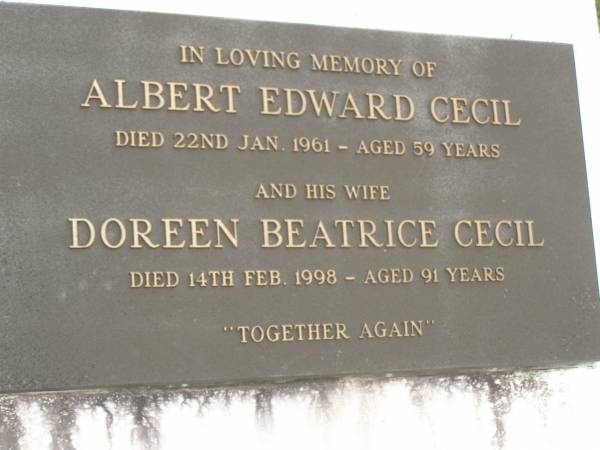 Albert Edward CECIL,  | died 22 Jan 1961 aged 59 years;  | Doreen Beatrice CECIL,  | died 14 Feb 1998 aged 91 years;  | Howard cemetery, City of Hervey Bay  | 