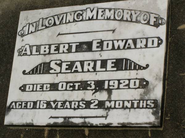 Albert Edward SEARLE,  | died 3 Oct 1920 aged 16 years 2 months;  | Howard cemetery, City of Hervey Bay  | 