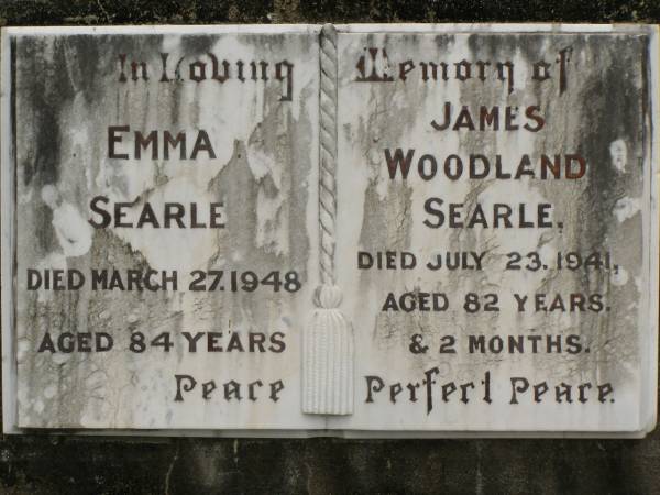 Emma SEARLE,  | died 27 March 1948 aged 84 years;  | James Woodland SEARLE,  | died 23 July 1941 aged 82 years 2 months;  | Howard cemetery, City of Hervey Bay  | 