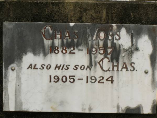 Chas MOSS,  | 1882-1957;  | Chas,  | son,  | 1905 - 1924;  | Howard cemetery, City of Hervey Bay  | 