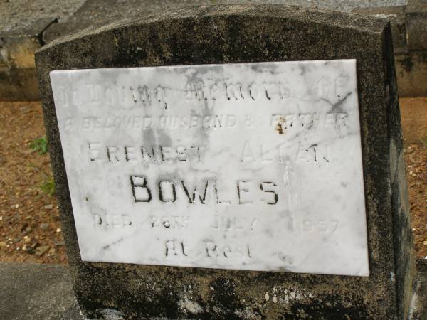 Erenest Allan BOWLES,  | husband father,  | died 28 July 1957;  | Howard cemetery, City of Hervey Bay  | 
