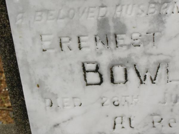 Erenest Allan BOWLES,  | husband father,  | died 28 July 1957;  | Howard cemetery, City of Hervey Bay  | 
