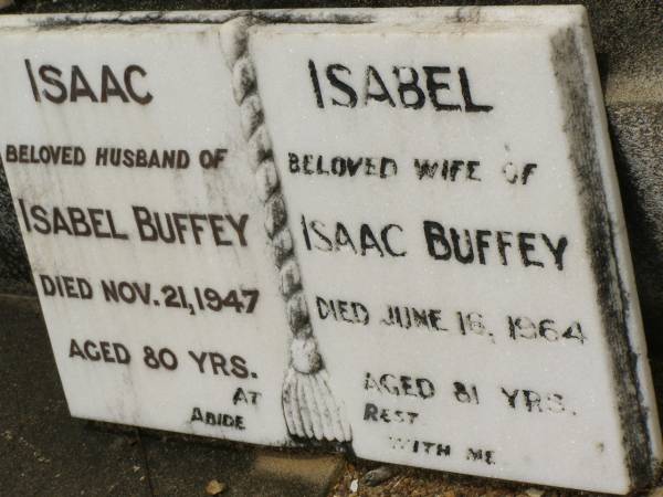 Isaac,  | husband of Isabel BUFFEY,  | died 21 Nov 1947 aged 80 years;  | Isabel,  | wife of Isaac BUFFEY,  | died 16 June 1964 aged 81 years;  | Howard cemetery, City of Hervey Bay  | 
