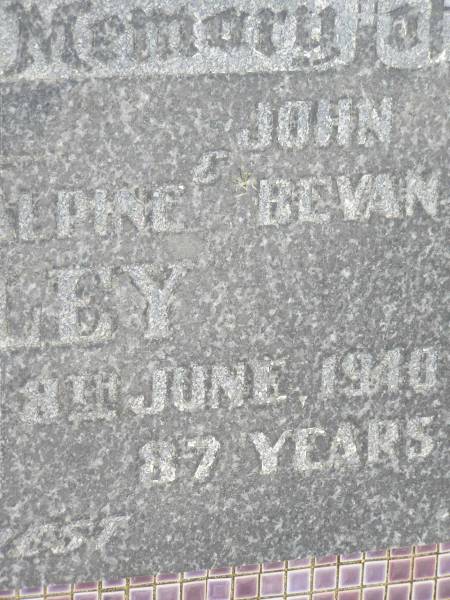 Mary Ann Susannah McAlpine STELEY,  | died 13 June 1939 aged 78 years;  | John Bevan STELEY,  | died 8 June 1940 aged 87 years;  | Howard cemetery, City of Hervey Bay  | 