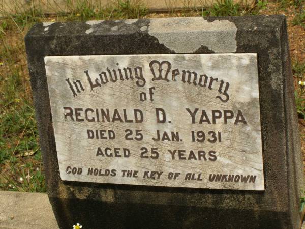Reginald D. YAPPA,  | died 25 Jan 1931 aged 25 years;  | Howard cemetery, City of Hervey Bay  | 