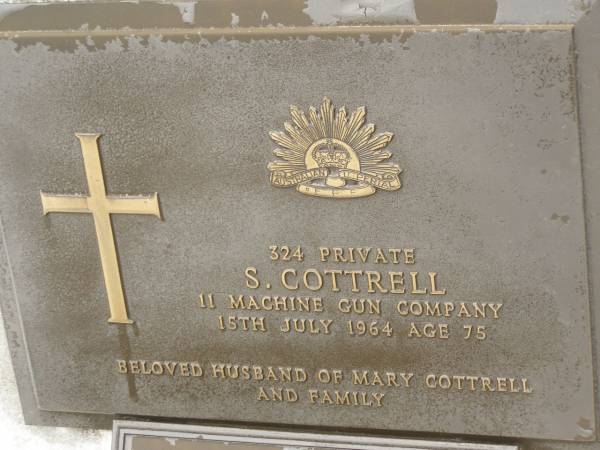 S. COTTRELL,  | died 15 July 1964 aged 75 years,  | husband of Mary COTTRELL;  | Mary COTTRELL,  | died 8 July 1965 aged 76 years;  | Howard cemetery, City of Hervey Bay  | 