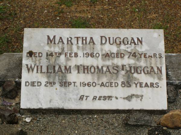 Martha DUGGAN,  | died 14 Feb 1960 aged 74 years;  | William Thomas DUGGAN,  | died 2 Sept 1960 aged 83 years;  | Howard cemetery, City of Hervey Bay  | 