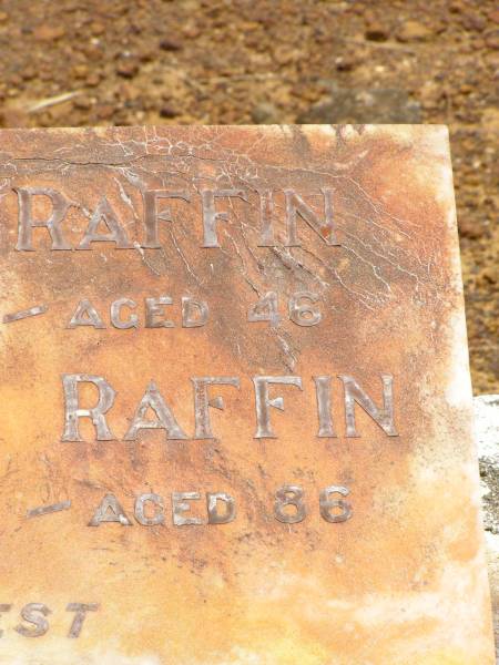 Margaret RAFFIN,  | died 14 Dec 1921 aged 46 years;  | Louis Henry RAFFIN,  | died 1 April 1962 aged 86 years;  | Howard cemetery, City of Hervey Bay  | 