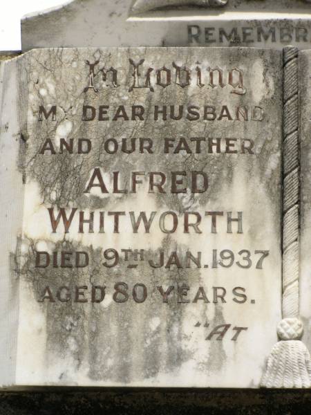 Alfred WHITWORTH,  | husband father,  | died 9 Jan 1937 aged 80 years;  | Flora Amelia WHITWORTH,  | wife mother,  | died 16 June 1939 aged 69 years;  | Howard cemetery, City of Hervey Bay  | 