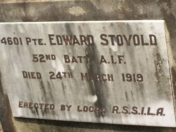 Edward STOVOLD,  | died 24 March 1919;  | Howard cemetery, City of Hervey Bay  | 