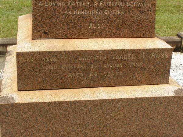 William RANKIN,  | father,  | managing director Queensland Collieries Howard,  | born Tollcross Scotland 23 April 1836,  | died Corina Queensland 15 Oct 1917 aged 81 years;  | Isabel H. ROSS,  | youngest daughter,  | died Brisbane 5 Aug 1938 aged 60 years;  | William C.F. RANKIN,  | youngest son of William & Jane RANKIN,  | general manager Queensland Collieres Howard,  | born Calston Ayrshire Scotland 22 Aug 1880,  | died Howard Queensland 11 May 1919;  | John A. RANKIN,  | eldest son,  | died Hpward 6 April 1930 aged 71 years;  | Marion Anderson,  | daughter,  | died 6 July 1907 aged 45 years;  | Mary E.A. ALLEN,  | daughter,  | died 22 March 1947 aged 73 years;  | Robert Stuart RANKIN,  | AIF 1914 - 1919,  | general manager Queensland Collieries 1941 - 1946.  | born Calson Scotland,  | died Toolburra 9 Nov 1950 aged 75 years;  | Jane Anderson,  | wife of William RANKIN,  | died 24 Jan 1912 aged 73 years;  | Col. C.D.W. RANKIN V.D.,  | 20 years managing director Q.C.C. Howard,  | died 2 No 1940 aged 71 years 10 months;  | Howard cemetery, City of Hervey Bay  | 