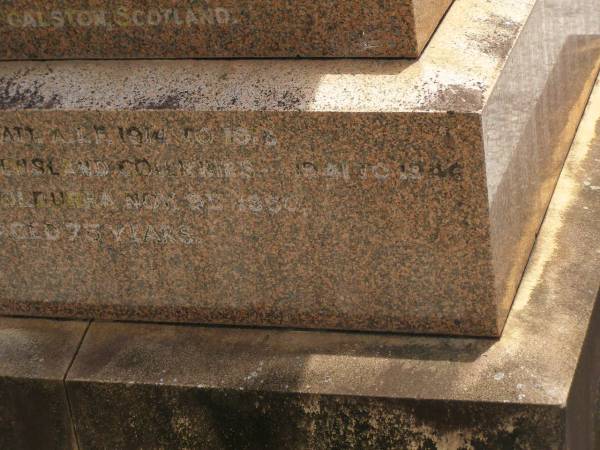 William RANKIN,  | father,  | managing director Queensland Collieries Howard,  | born Tollcross Scotland 23 April 1836,  | died Corina Queensland 15 Oct 1917 aged 81 years;  | Isabel H. ROSS,  | youngest daughter,  | died Brisbane 5 Aug 1938 aged 60 years;  | William C.F. RANKIN,  | youngest son of William & Jane RANKIN,  | general manager Queensland Collieres Howard,  | born Calston Ayrshire Scotland 22 Aug 1880,  | died Howard Queensland 11 May 1919;  | John A. RANKIN,  | eldest son,  | died Hpward 6 April 1930 aged 71 years;  | Marion Anderson,  | daughter,  | died 6 July 1907 aged 45 years;  | Mary E.A. ALLEN,  | daughter,  | died 22 March 1947 aged 73 years;  | Robert Stuart RANKIN,  | AIF 1914 - 1919,  | general manager Queensland Collieries 1941 - 1946.  | born Calson Scotland,  | died Toolburra 9 Nov 1950 aged 75 years;  | Jane Anderson,  | wife of William RANKIN,  | died 24 Jan 1912 aged 73 years;  | Col. C.D.W. RANKIN V.D.,  | 20 years managing director Q.C.C. Howard,  | died 2 No 1940 aged 71 years 10 months;  | Howard cemetery, City of Hervey Bay  | 