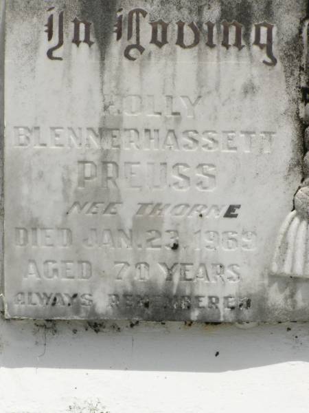 Holly Blennerhassett PREUSS (nee THORNE),  | died 23 Jan 1969 aged 70 years;  | Howard cemetery, City of Hervey Bay  | 