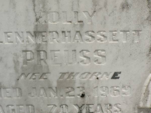 Holly Blennerhassett PREUSS (nee THORNE),  | died 23 Jan 1969 aged 70 years;  | Howard cemetery, City of Hervey Bay  | 