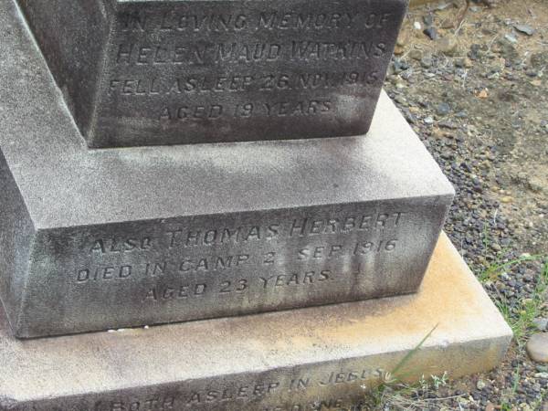 Helen Maud WATKINS,  | died 26 Nov 1915 aged 18 years;  | Thomas Herbert,  | died in camp 2 Sep 1916 agd 23 years;  | Thomas Herbert WATKINS,  | died 2 Sept 1916;  | Howard cemetery, City of Hervey Bay  | 