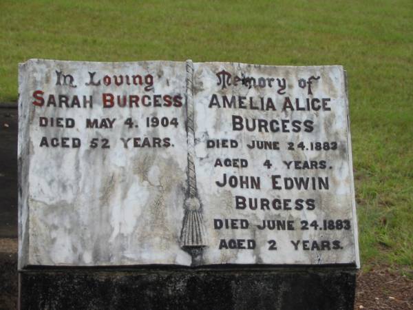 Sarah BURGESS,  | died 4 May 1904 aged 52 years;  | Amelia Alice BURGESS,  | died 24 June 1883 aged 4 years;  | John Edwin BURGESS,  | died 24 June 1883 aged 2 years;  | Howard cemetery, City of Hervey Bay  | 