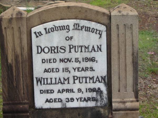 Doris PUTMAN,  | died 5 Nov 1916 aged 15 years;  | William PUTMAN,  | died 9 April 1928 aged 39 years;  | Walter,  | brother,  | died 20 April 1961 aged 74 years;  | Howard cemetery, City of Hervey Bay  | 