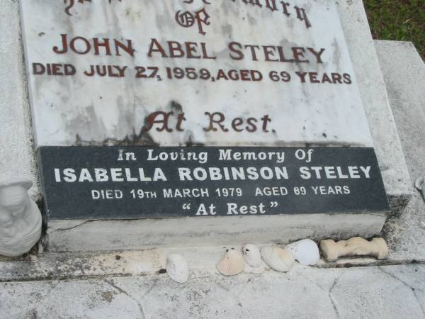 John Abel STELEY,  | died 27 July 1959 aged 69 years;  | Isabella Robinson STELEY,  | died 19 March 1979 aged 89 years;  | Fernie Lewis STELEY,  | died 4 April 2002 aged 91 years,  | son of John & Isabella;  | Howard cemetery, City of Hervey Bay  | 