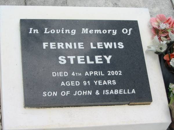 John Abel STELEY,  | died 27 July 1959 aged 69 years;  | Isabella Robinson STELEY,  | died 19 March 1979 aged 89 years;  | Fernie Lewis STELEY,  | died 4 April 2002 aged 91 years,  | son of John & Isabella;  | Howard cemetery, City of Hervey Bay  | 