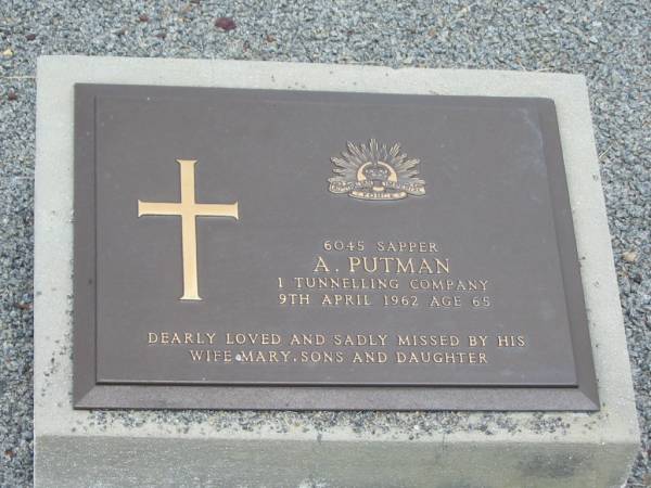 Albert PUTMAN,  | husband,  | died 9 April 1962 aged 65 years,  | missed by wife Mary, sons & daughter;  | Mary PUTMAN,  | wife,  | died 19 April 1984 aged 88 years;  | Howard cemetery, City of Hervey Bay  | 