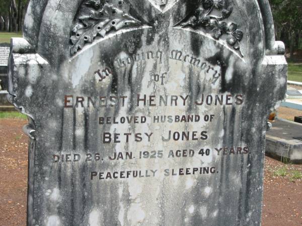 Ernest Henry JONES,  | husband of Betsy JONES,  | died 26 Jan 1925 aged 40 years;  | Howard cemetery, City of Hervey Bay  | 