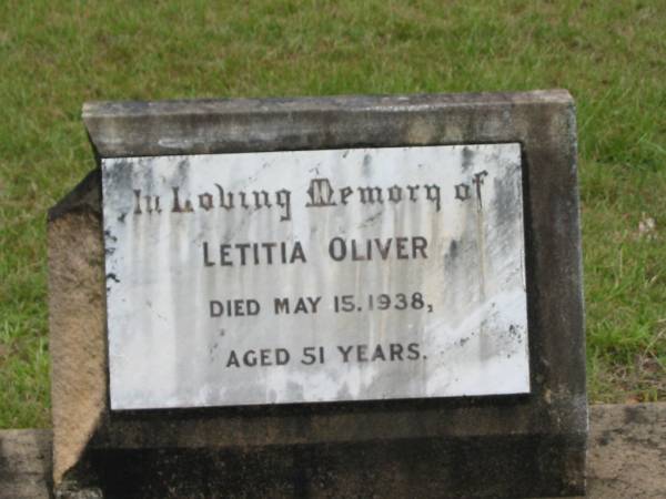 Letitia OLIVER,  | died 15 May 1938 aged 51 years;  | Howard cemetery, City of Hervey Bay  | 
