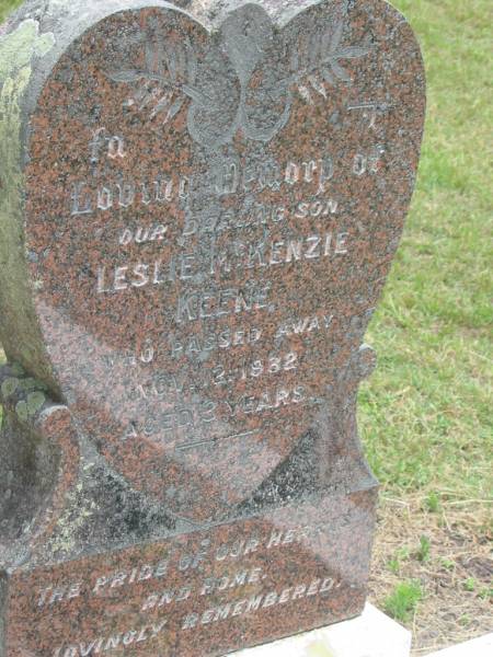 Leslie McKenzie KEENE,  | son,  | died 12 Nov 1932 aged 3 years;  | Howard cemetery, City of Hervey Bay  | 