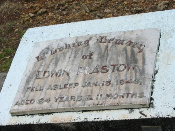 Edwin PLASTOW,  | died 15 Jan 1946 aged 64 years 11 months;  | Howard cemetery, City of Hervey Bay  | 